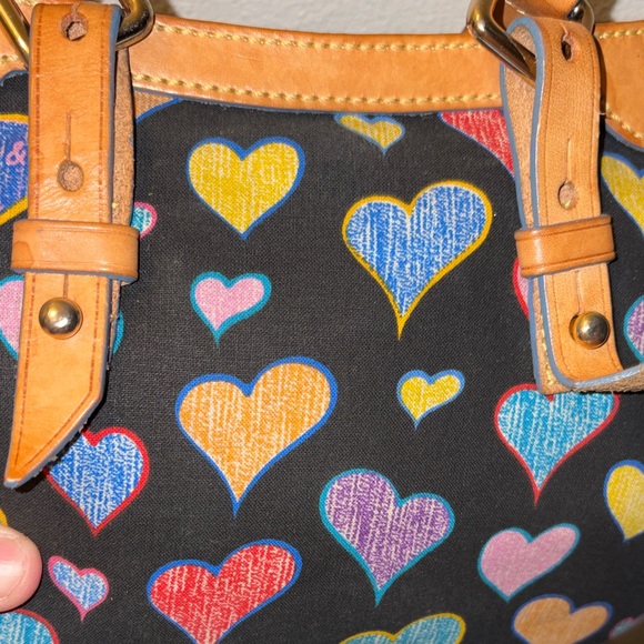 Dooney & Bourke Black Heart Y2K Pattern Shoulder Bag with Tan Straps - Picture 10 of 16